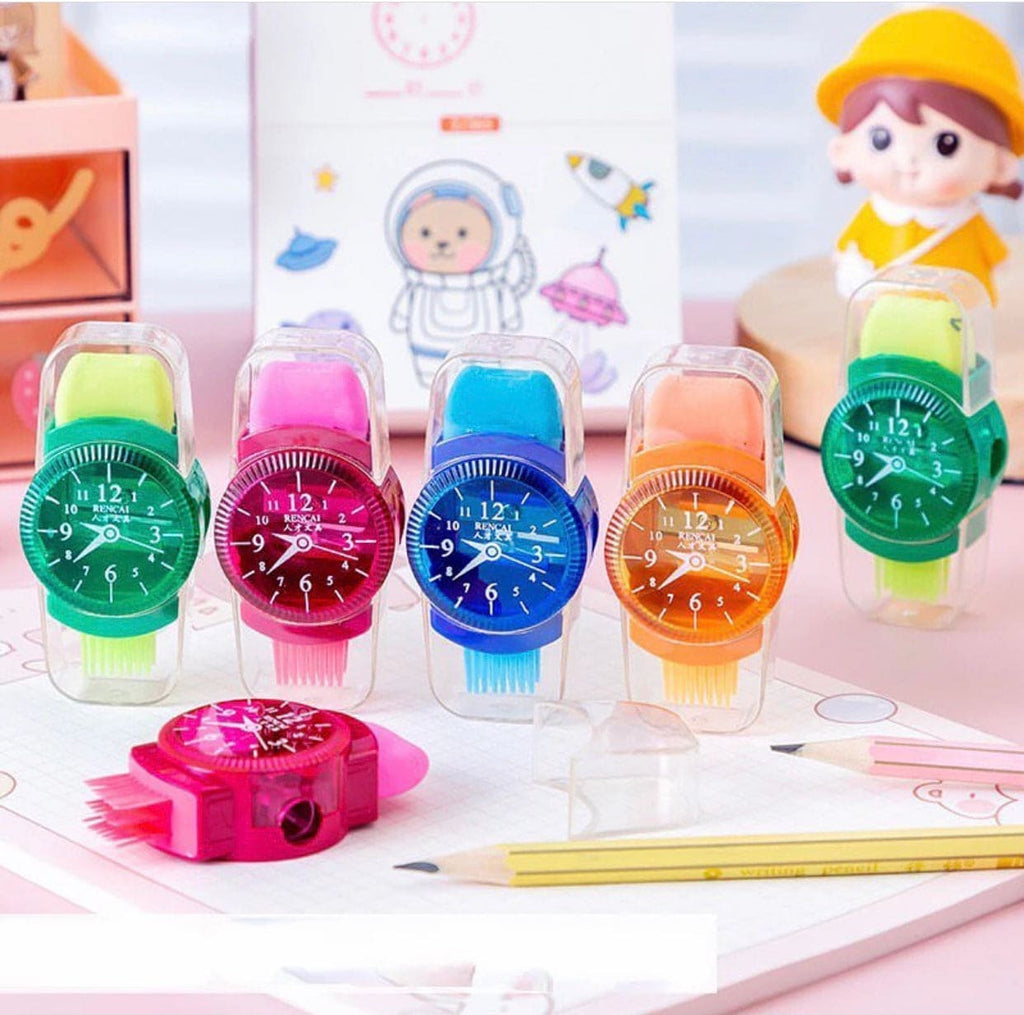 Creative 3 in 1 Pencil Sharpener, Creative Wristwatch Modelling Pencil Sharpener With Eraser And Brush