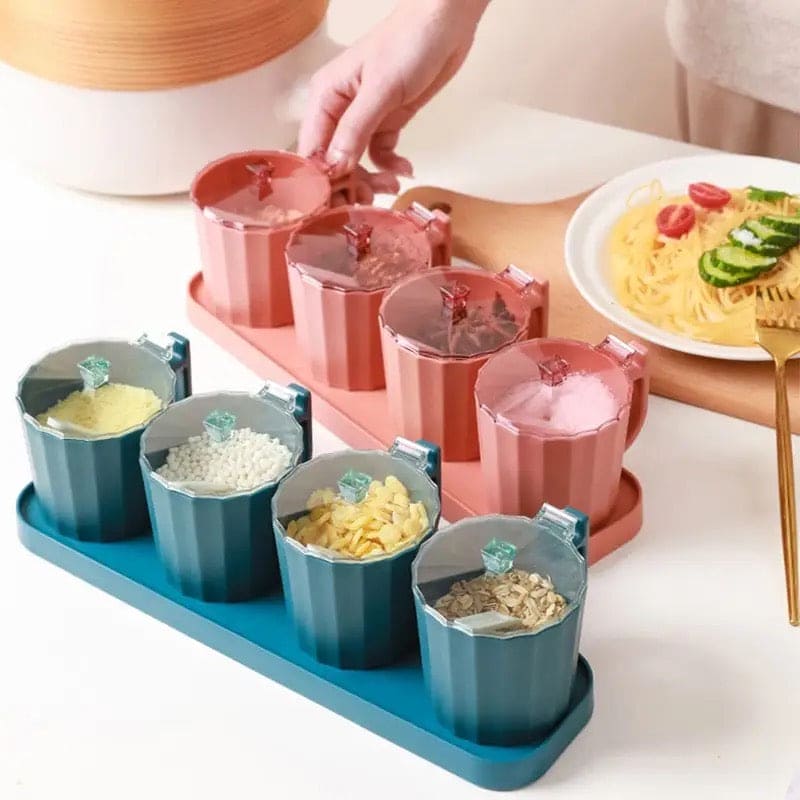 4 Pcs Candy Seasoning Box, Cruet Condiment Bottle Jars, Sugar Storage Seasoning Set, Household Kitchen Seasoning Box, Kitchen Combination Seasoning Box, Kitchen Spice Container Storage Box, Seasoning Spice Pots With Cover and Spoon