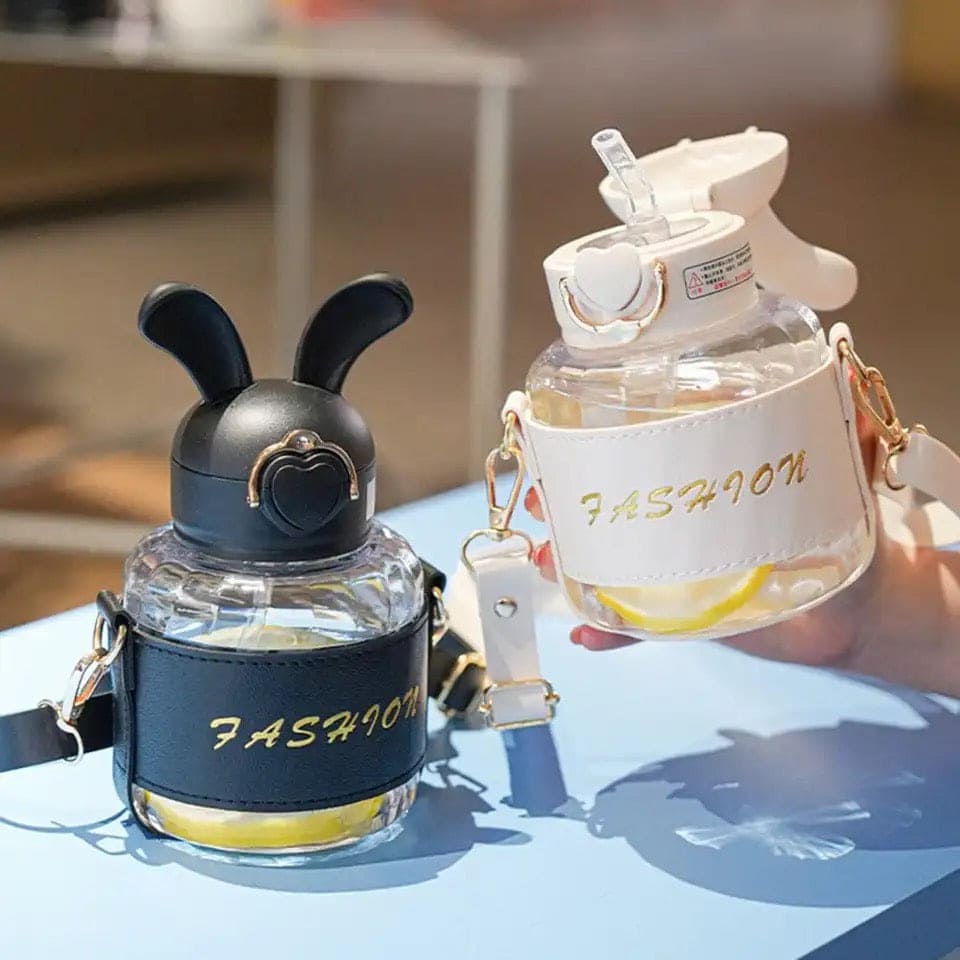 Bunny Ears Water Bottle, Bunny Kettle Straw Water Thermos, Cute Rabbit Shape Straw Bottle with Protector Case, Soft Suction Nozzle Water Cup for Kids, Plastic Water Juice Bottles, Sports Water Bottle with Leak Proof Flip Top Lid