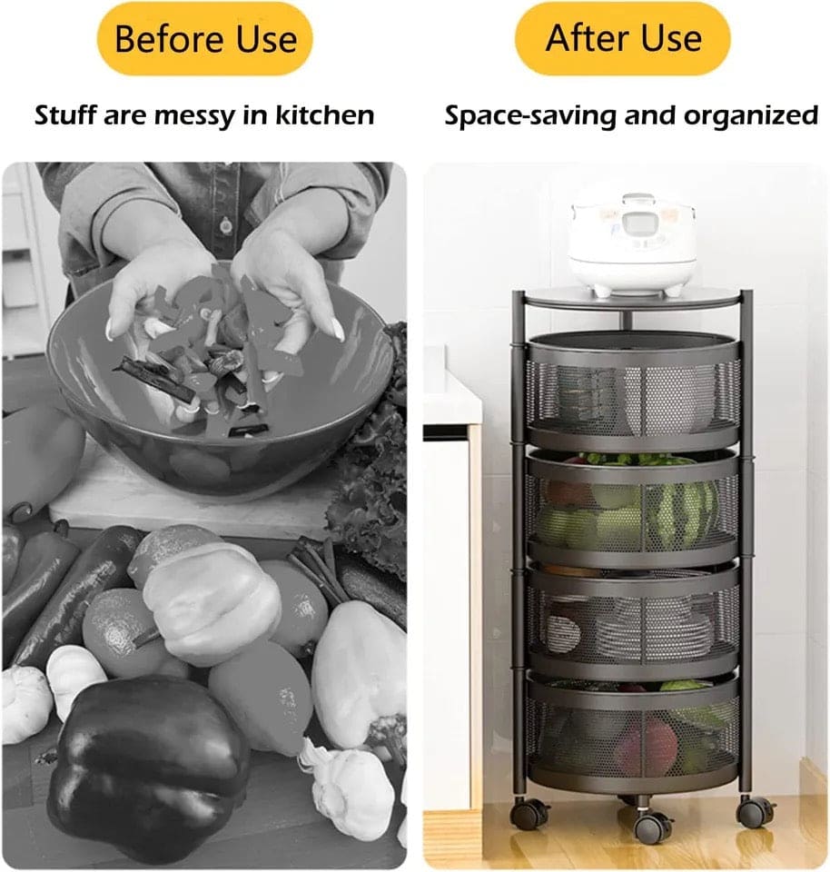 Round Multi Tier Rotary Storage Basket, 360 Degree Rotatable Kitchen Shelf, Multilayer Living Room Basket, Multifunction Fruit And Vegetable Basket, Storage Basket Rack, Floor Stand Multi Tier Drawer Rolling Trolley Cart