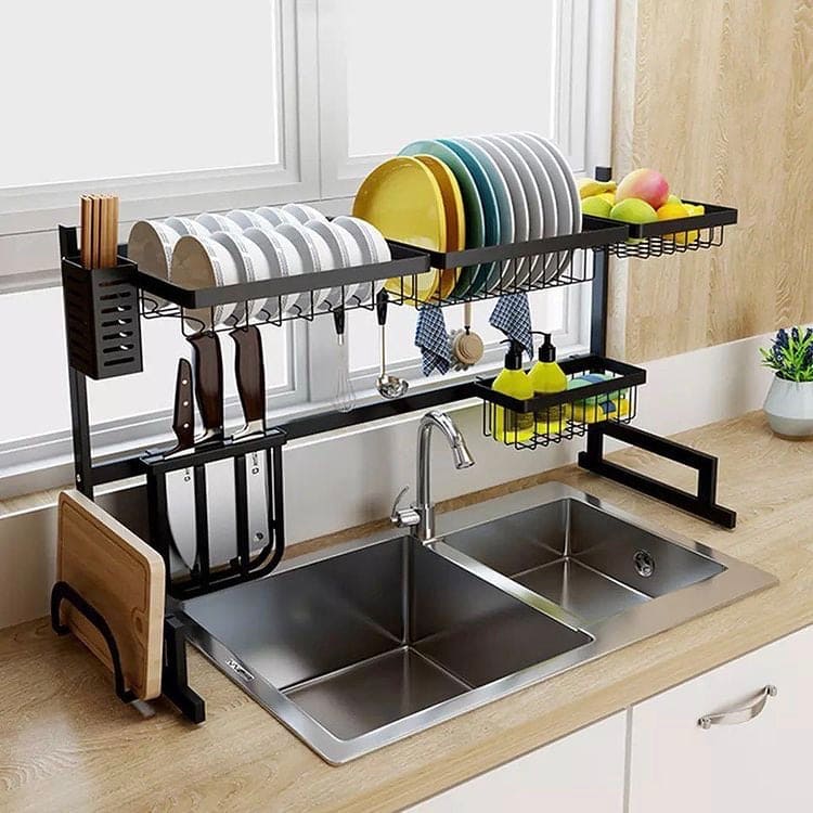 Kitchen Shelf Organizer, Dish Drying Rack, Stainless Steel Sink Drain Rack, Dishes Cutlery Dry Rack, Multifunction Metal Utensils Holder, Sink Storage Sponge Drain Rack, Telescopic Drain Rack, Double Layer Dish Organizer, Over Sink Rack