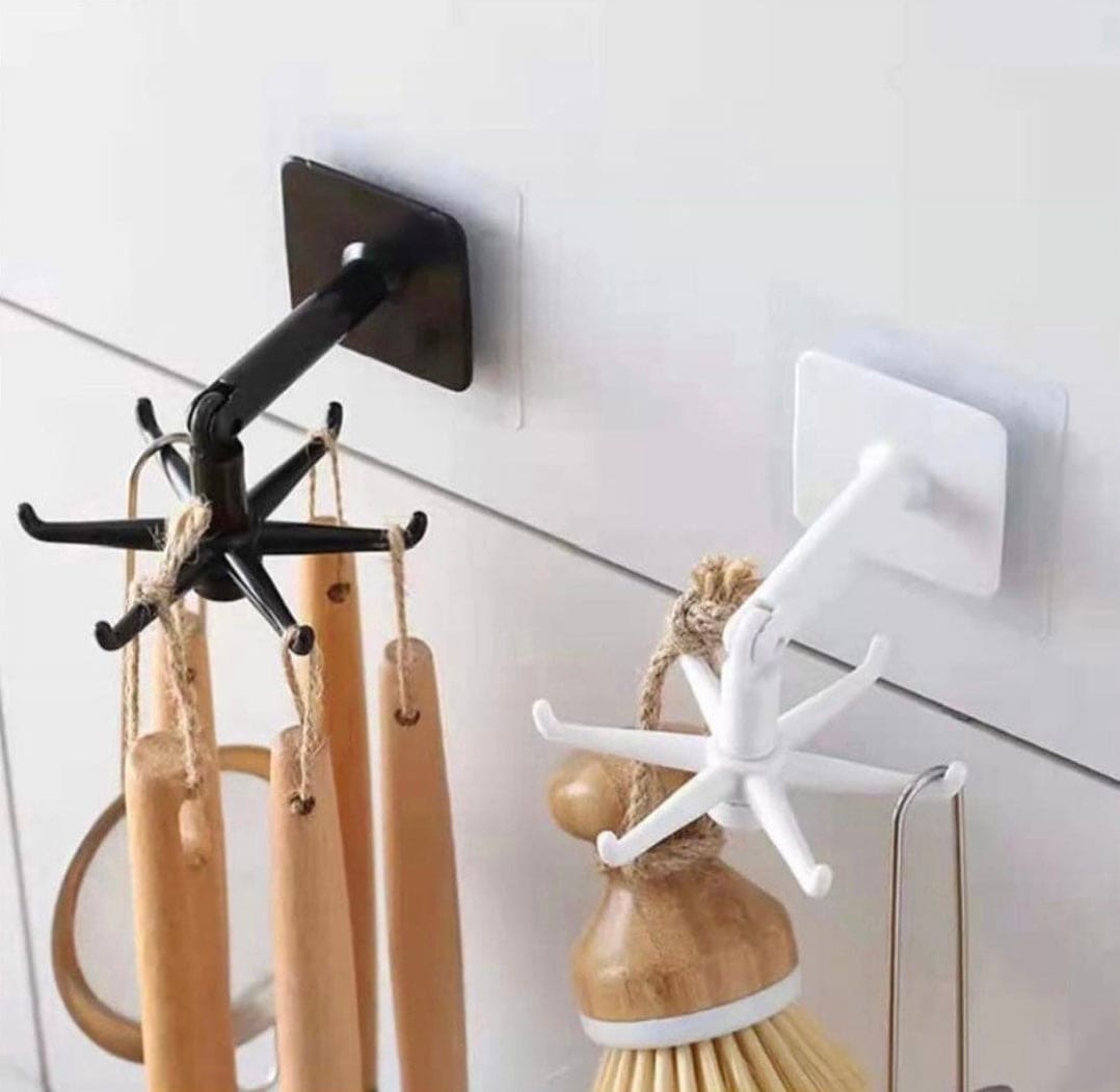 360˚ Degree Rotatable Six Claw Storage Hooks, Punch-free Multipurpose Hooks, Folding Self-Adhesive Vertical Flip Hook