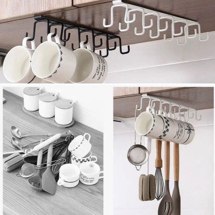 Clever Metal Hook Rack, Multi Hooks Mug Hook Rack Space Saving Quality Cabinet Hook Multifunctional Storage Holder Hanging Cup Holder Kitchen Organizer, Multifunctional Stuck Board Organizer, Under Cabinet Closet Hook Rack