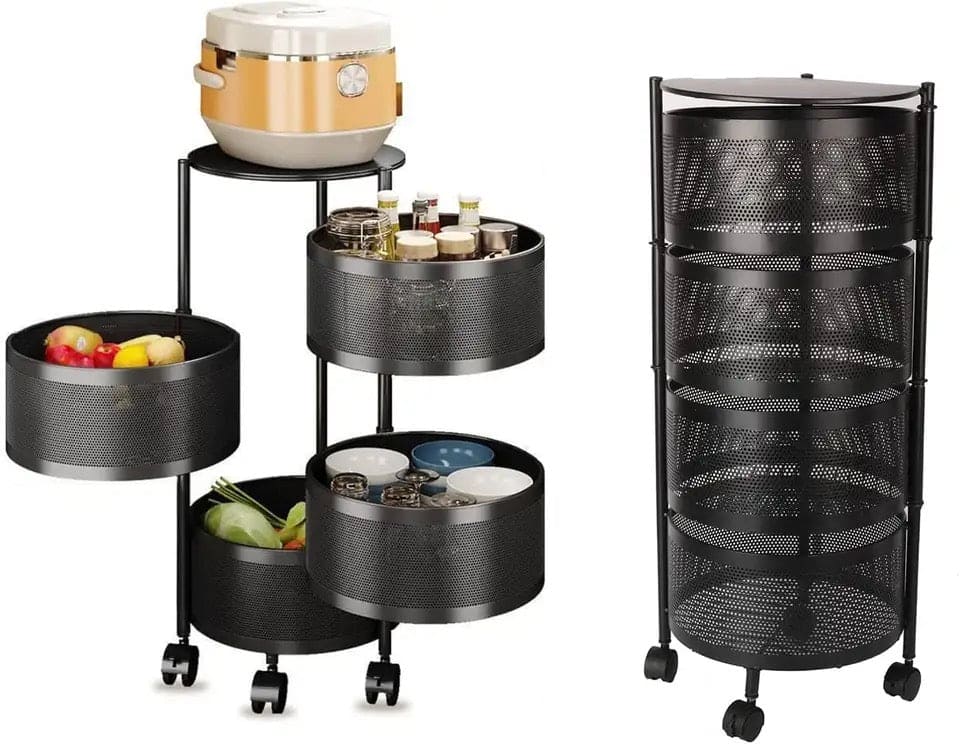Round Multi Tier Rotary Storage Basket, 360 Degree Rotatable Kitchen Shelf, Multilayer Living Room Basket, Multifunction Fruit And Vegetable Basket, Storage Basket Rack, Floor Stand Multi Tier Drawer Rolling Trolley Cart