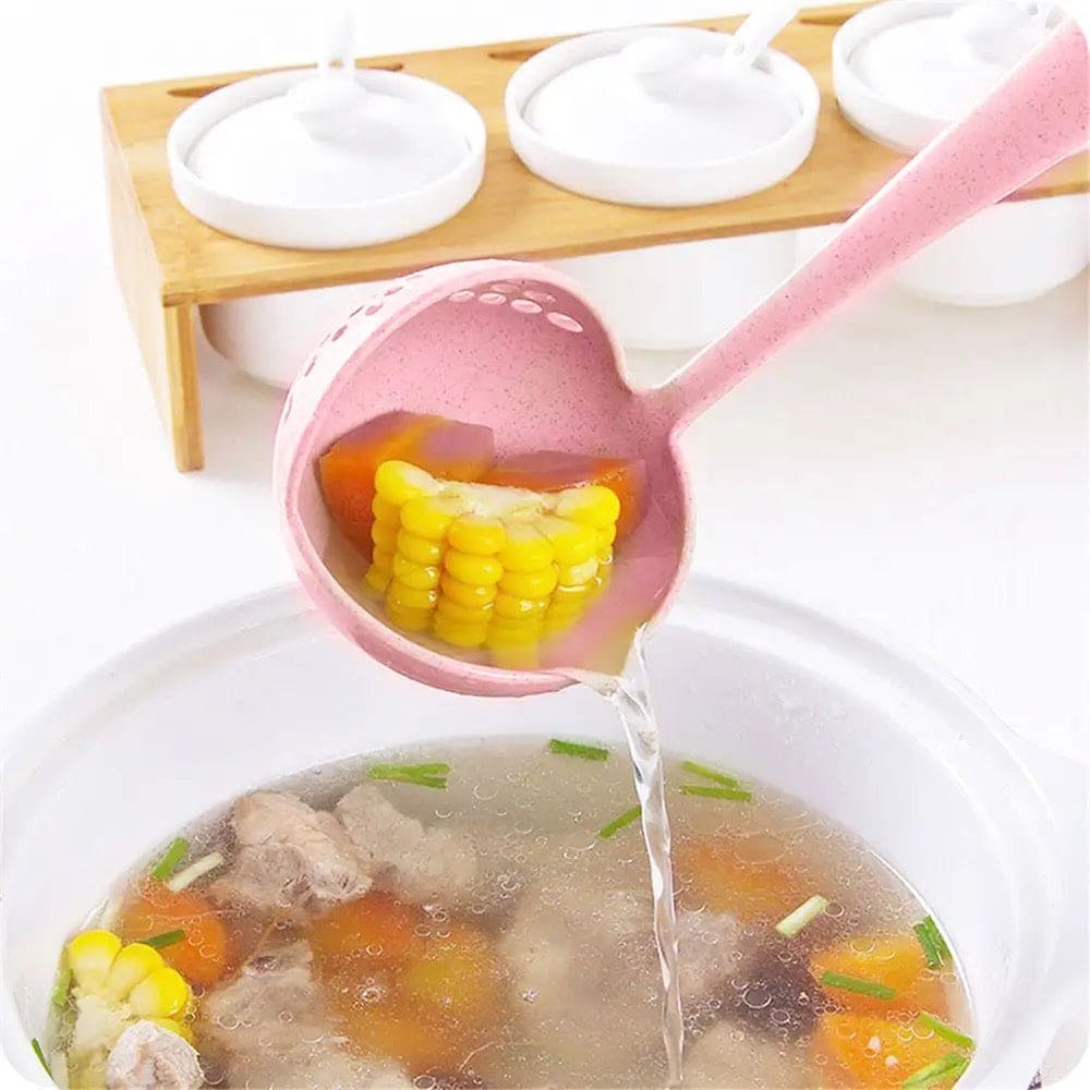 2 in 1 Soup Spoon Ladle, Long Handle Kitchen Strainer, Creative Multifunctional Soup Spoon & Colander, Wheat Kitchen Straw Soup Slotted Spoon, Plastic Spoon Filter Strainer, Household Kitchen Table wear Accessories