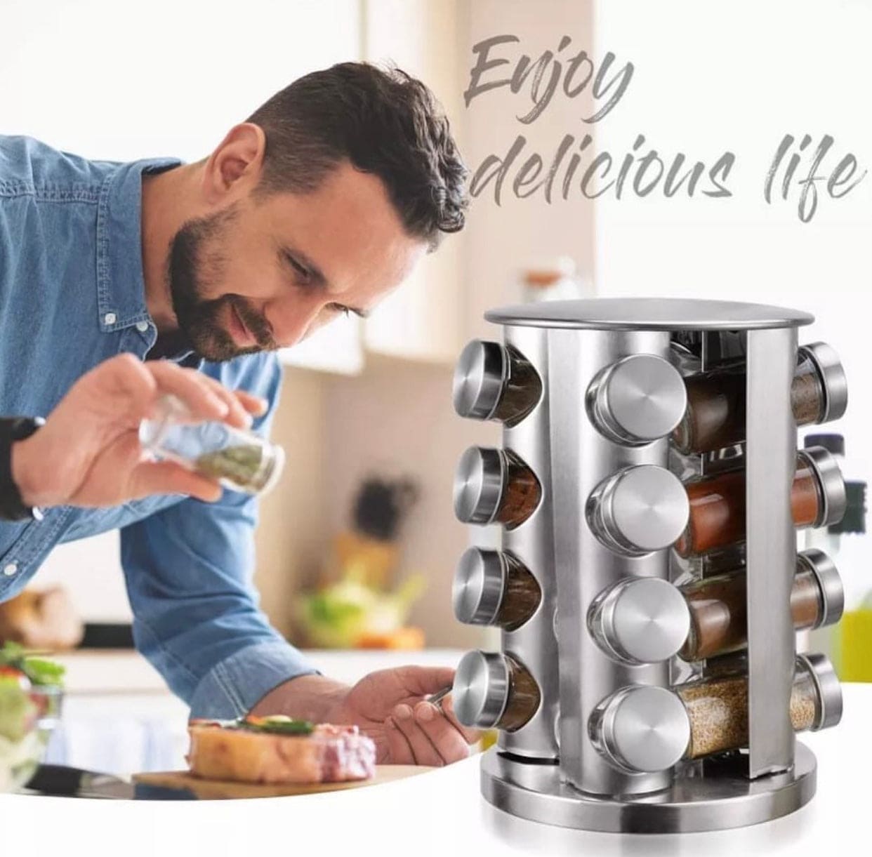 Rotatable Seasoning Rack, Stainless Steel Spice Rack, Countertop Rack Tower Organizer