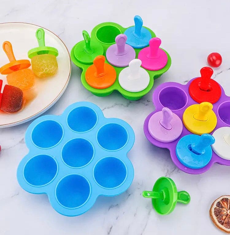 Silicone 7 Grids Fruit Shake Ice Cream Maker Mold, Silicon Popsicle Mold Tray, Portable Ice Cream Container, Fruit Shake Cream Ball Lolly Maker, Multi-Purpose Popsicle Mold, Baby Food Mold Popsicle Stick