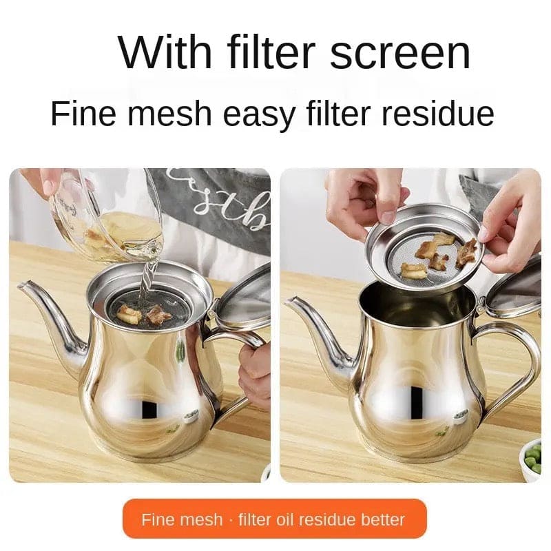 Stainless Steel Kettle Oil Filter Pot, Oil Skimmer Jug, Oil Filter Kettle, Portable Oil Strainer Pot, Cooking Oil Tank With Filter, Oil Dispenser Pot With Removable Filter, Storage Can For Kitchen