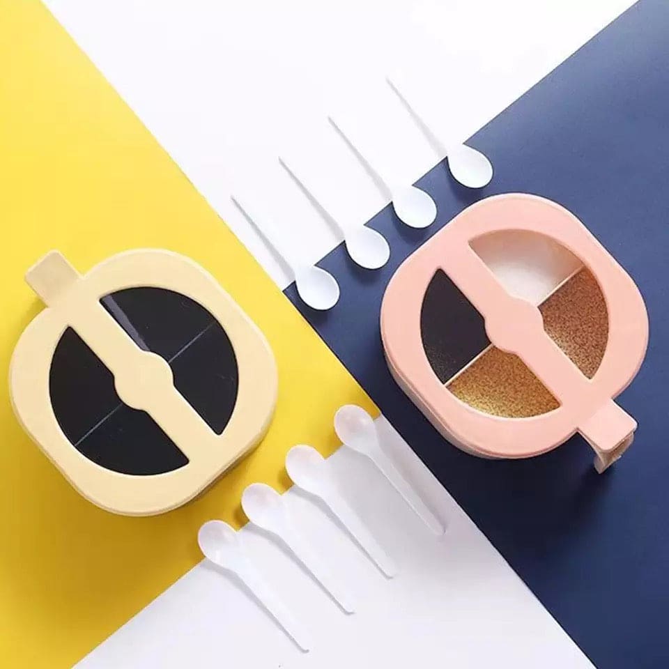 4 in 1 Seasoning Box With Spoon, Clear Cover Multi Compartment Herb Spice Jar, Salt Jar Kitchen Storage Organizer