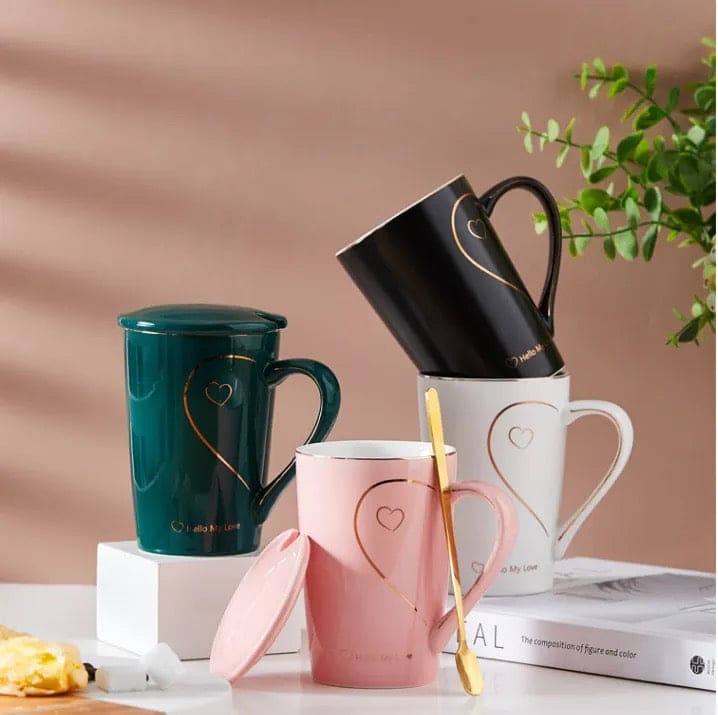 Heart Pattern Ceramic Mug Set, Love Sign Ceramic Couple Mug Set, Love Heart Mug, Couple Cup Ceramic Mugs, Creative Mug With Lid And Spoon, Luxury Marble Ceramic Coffee Cups