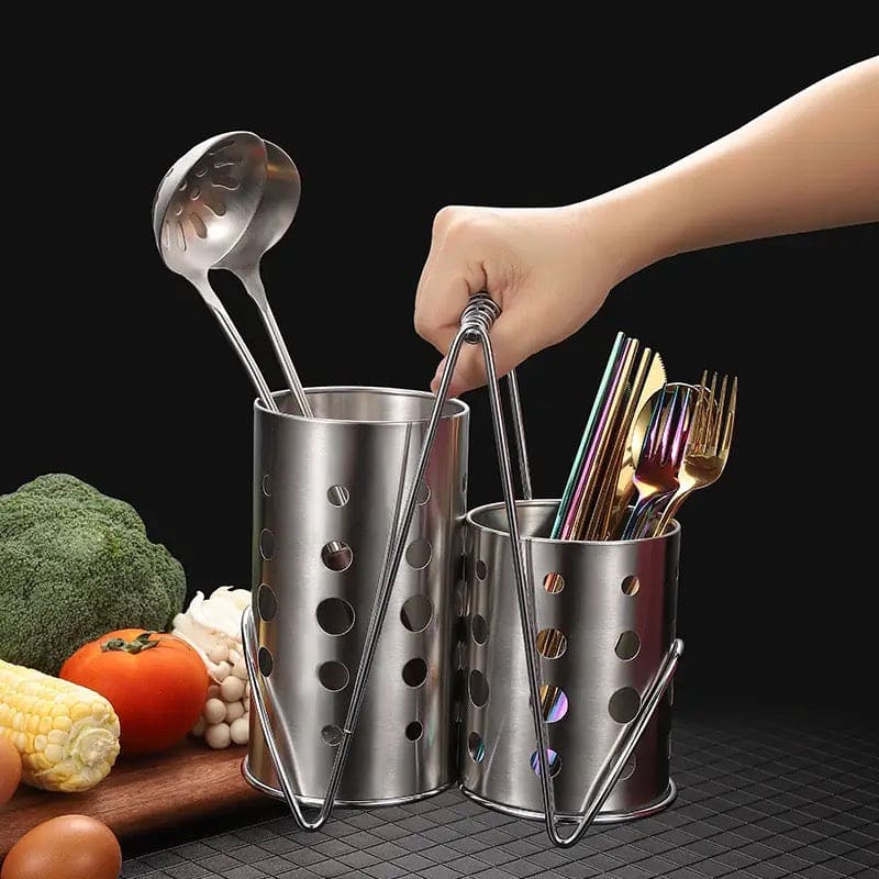 Double Cutlery Drain Rack, Double Handle Chopstick Spoon Rack, Stainless Steel Kitchen Cutlery Box, Spoons Forks Knife Utensils Organizer, Kitchen Storage Tube Barrel Tableware Rack, Caddy Cutlery Utensil Holder