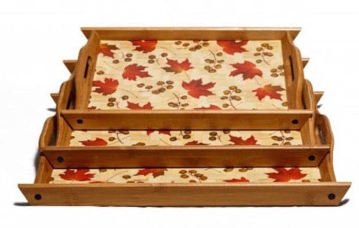 Set of 3 Bamboo Trays, Japan Style Tea Trays, Printed Serving Tray With Handles