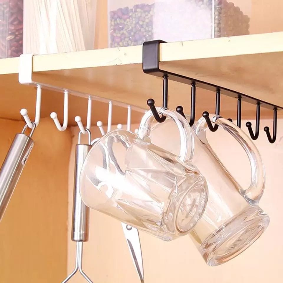 Kitchen Cabinet Hook Hanger, Kitchen Storage Cupboard Hanging Rack, 6 hooks Metal Cabinet Holder, Multifunctional Stuck Board Organizer, Under Cabinet Closet Hook Rack