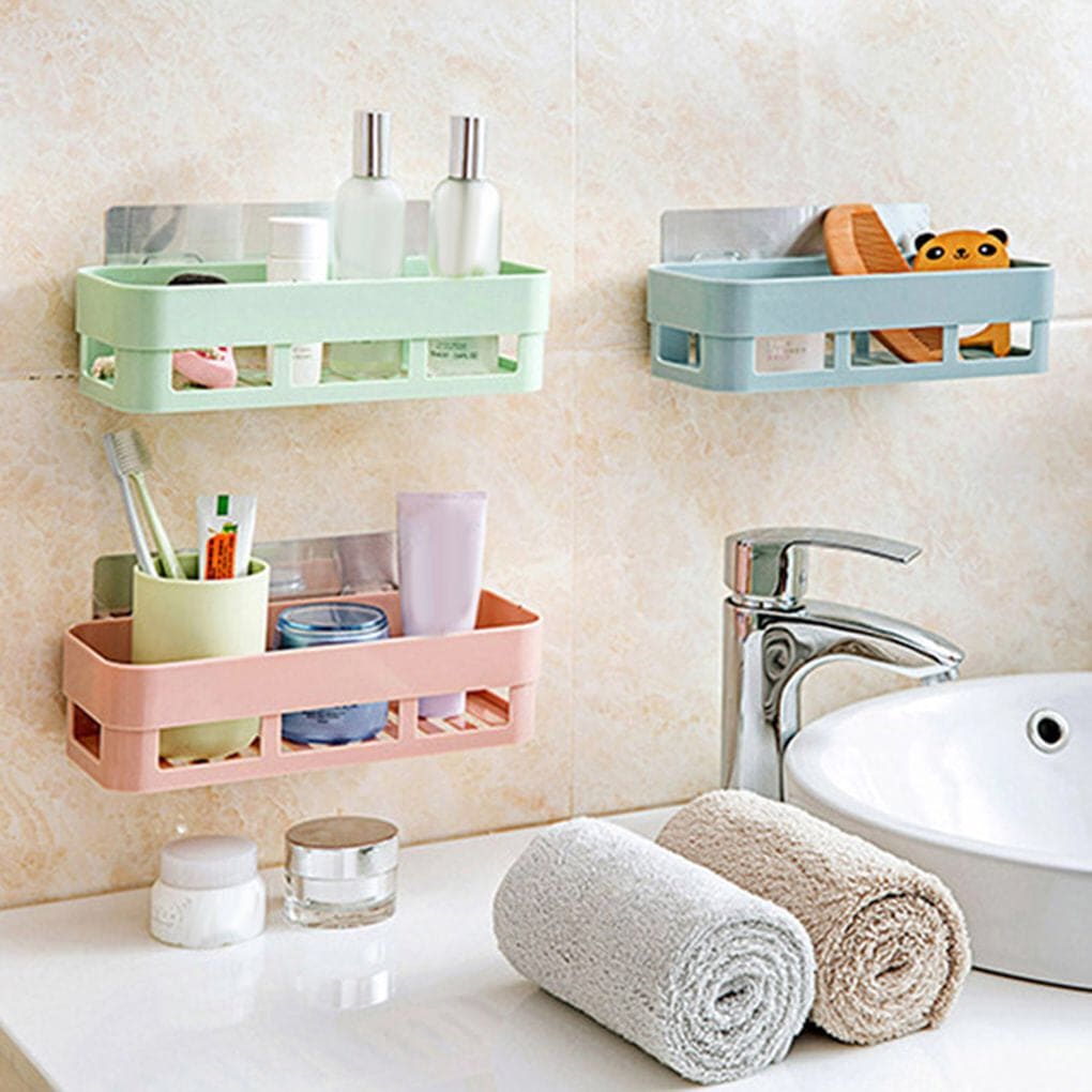 Traceless Paste Bathroom Shelf, Toilet Adhesive Shampoo Gel Storage Basket, Bathroom Corner Shower Shelf Rack, Wall-mounted Storage Rack, Stick-up Wall Sucker Plastic Organizer, Plastic Rack for Kitchen & Bathroom