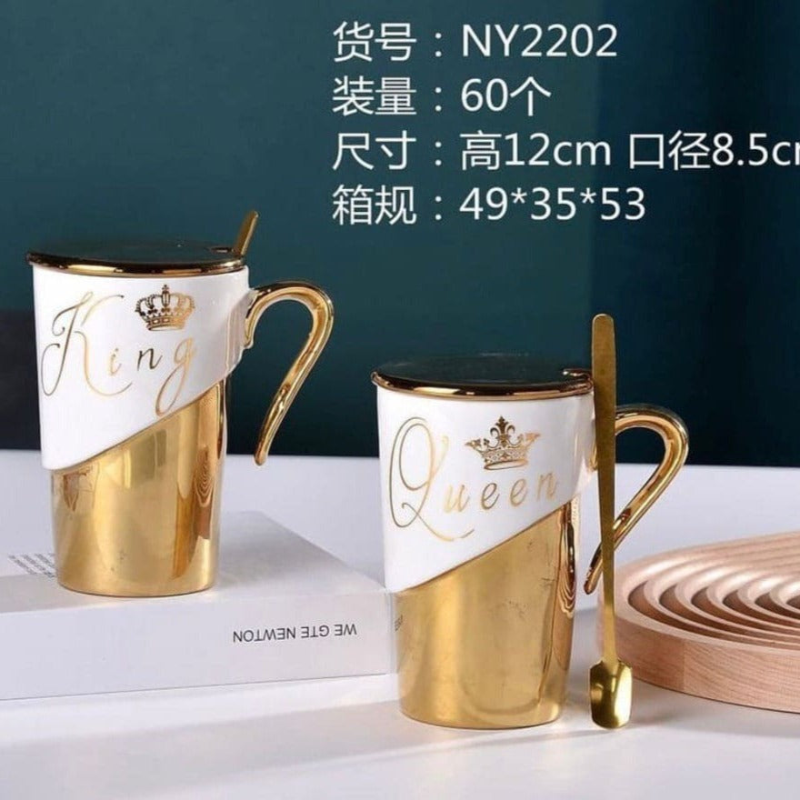 Ceramic King Queen Mugs With Lids And Spoons, King and Queen Camping Ceramic Coffee Mugs, Ceramic Water Coffee Mug