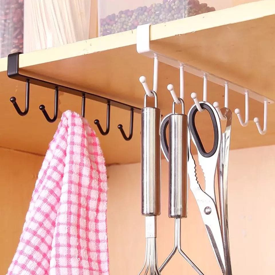 Kitchen Cabinet Hook Hanger, Kitchen Storage Cupboard Hanging Rack, 6 hooks Metal Cabinet Holder, Multifunctional Stuck Board Organizer, Under Cabinet Closet Hook Rack