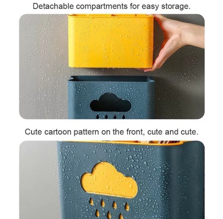 Wall Mounted Cloud Drain Rack, 2 Divided Compartments for Storage Forks, Utensils Holder Drainer Basket With Detachable Rag Rod