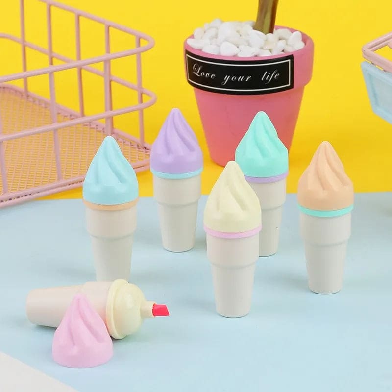 Set Of 6 Mini Ice Cream Highlighter, Portable Mini Sweet Cute Cone Shape Highlighters.
