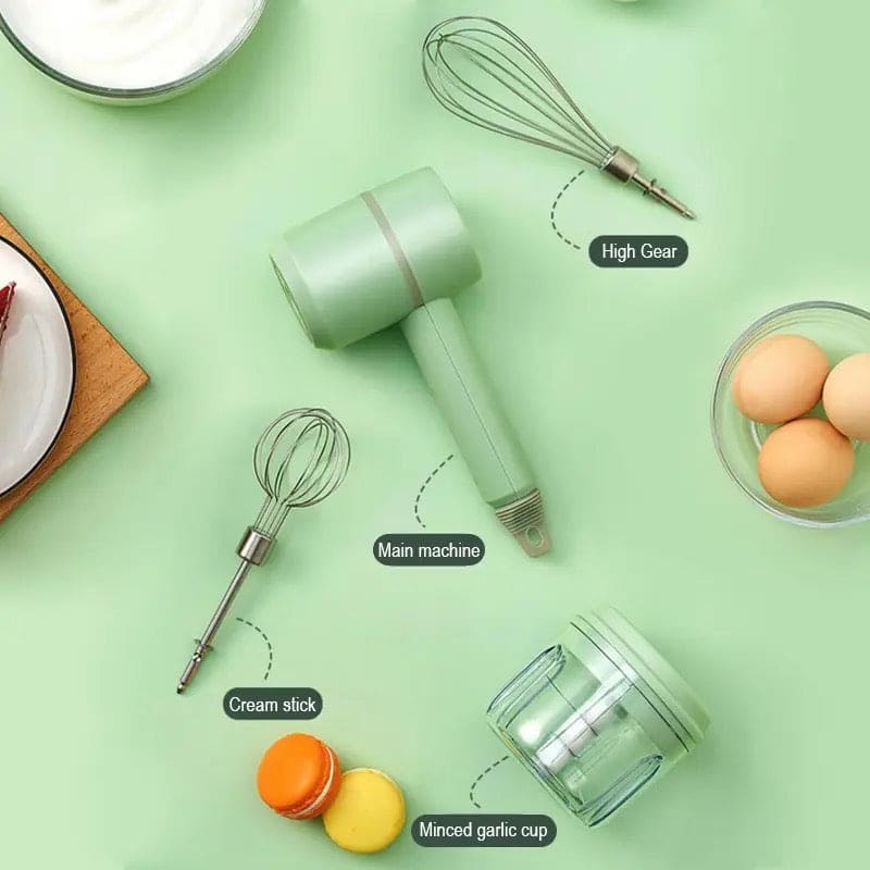 Mini Food Mixer, 3 In 1 Cordless Garlic Chopper, Electric Hand Mixer, Portable Manual Mixer, 3 Speed Adjustable Electric Egg Beater, Wireless Multifunction Hand Blender, USB Rechargeable Mini Food Chopper, Kitchen Blender For Baking Cooking
