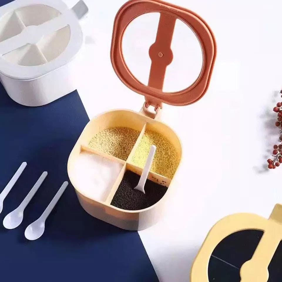 4 in 1 Seasoning Box With Spoon, Clear Cover Multi Compartment Herb Spice Jar, Salt Jar Kitchen Storage Organizer