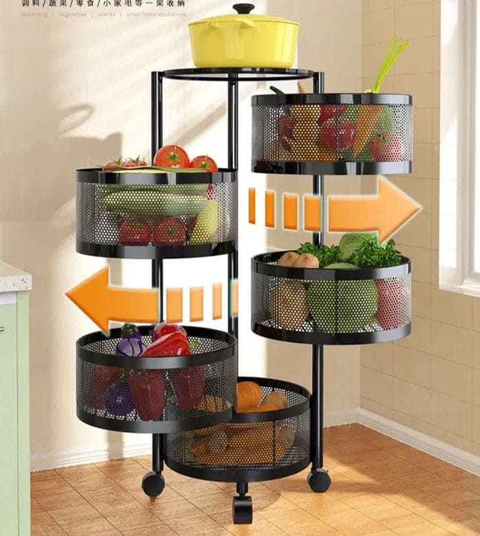Round Multi Tier Rotary Storage Basket, 360 Degree Rotatable Kitchen Shelf, Multilayer Living Room Basket, Multifunction Fruit And Vegetable Basket, Storage Basket Rack, Floor Stand Multi Tier Drawer Rolling Trolley Cart