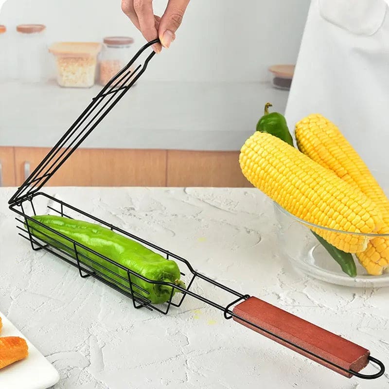 Portable BBQ Grilling Basket, Stainless Steel Nonstick Barbecue Grill Basket, Wooden Handle Barbecue Grill Basket, Barbecue Grill Mesh Rack, Coating Clamp Holder, Barbecue Picnic Camping Tools, Reusable Anti Corrosion Wooden Handle Barbecue Tool