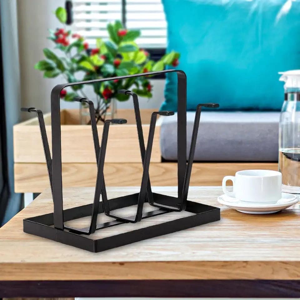 Iron Glass Stand, 6 Hooks Cups Mug Glass Stand Holder, Metal Cup Drying Rack Shelf, Cup Hanging Drainer, Upside Down Cup Drain Rack, Countertop Cup Holder for Bottle, Glass, Mug, Non-Slip Mugs Bottles Organizer For Kitchen