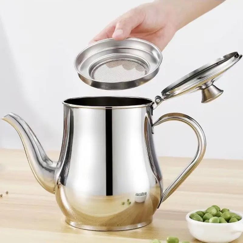 Stainless Steel Kettle Oil Filter Pot, Oil Skimmer Jug, Oil Filter Kettle, Portable Oil Strainer Pot, Cooking Oil Tank With Filter, Oil Dispenser Pot With Removable Filter, Storage Can For Kitchen