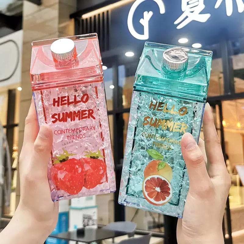 Hello Summer Water Bottle, Double Straw Cold Drink Cup, Creative Milk Box Style Water Bottle, Outdoor Thermos Cup, Summer Glass Drinking Water Bottle