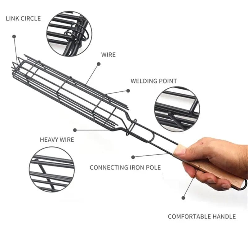 Portable BBQ Grilling Basket, Stainless Steel Nonstick Barbecue Grill Basket, Wooden Handle Barbecue Grill Basket, Barbecue Grill Mesh Rack, Coating Clamp Holder, Barbecue Picnic Camping Tools, Reusable Anti Corrosion Wooden Handle Barbecue Tool