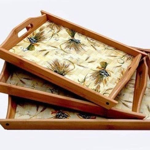 Set of 3 Bamboo Trays, Japan Style Tea Trays, Printed Serving Tray With Handles