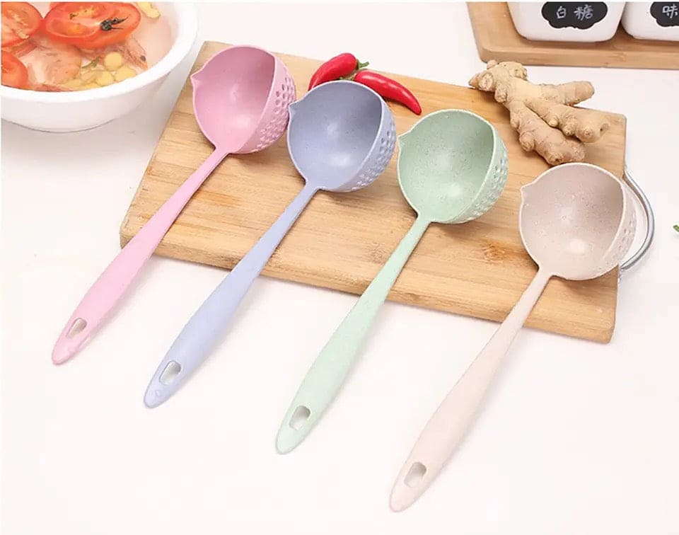 2 in 1 Soup Spoon Ladle, Long Handle Kitchen Strainer, Creative Multifunctional Soup Spoon & Colander, Wheat Kitchen Straw Soup Slotted Spoon, Plastic Spoon Filter Strainer, Household Kitchen Table wear Accessories