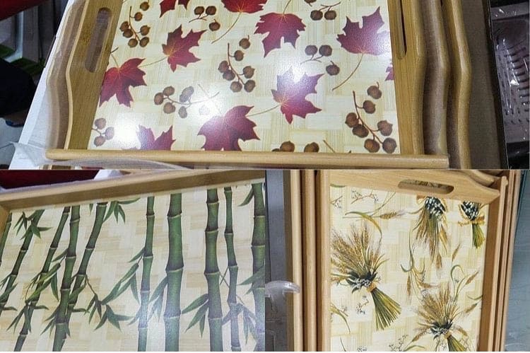 Set of 3 Bamboo Trays, Japan Style Tea Trays, Printed Serving Tray With Handles