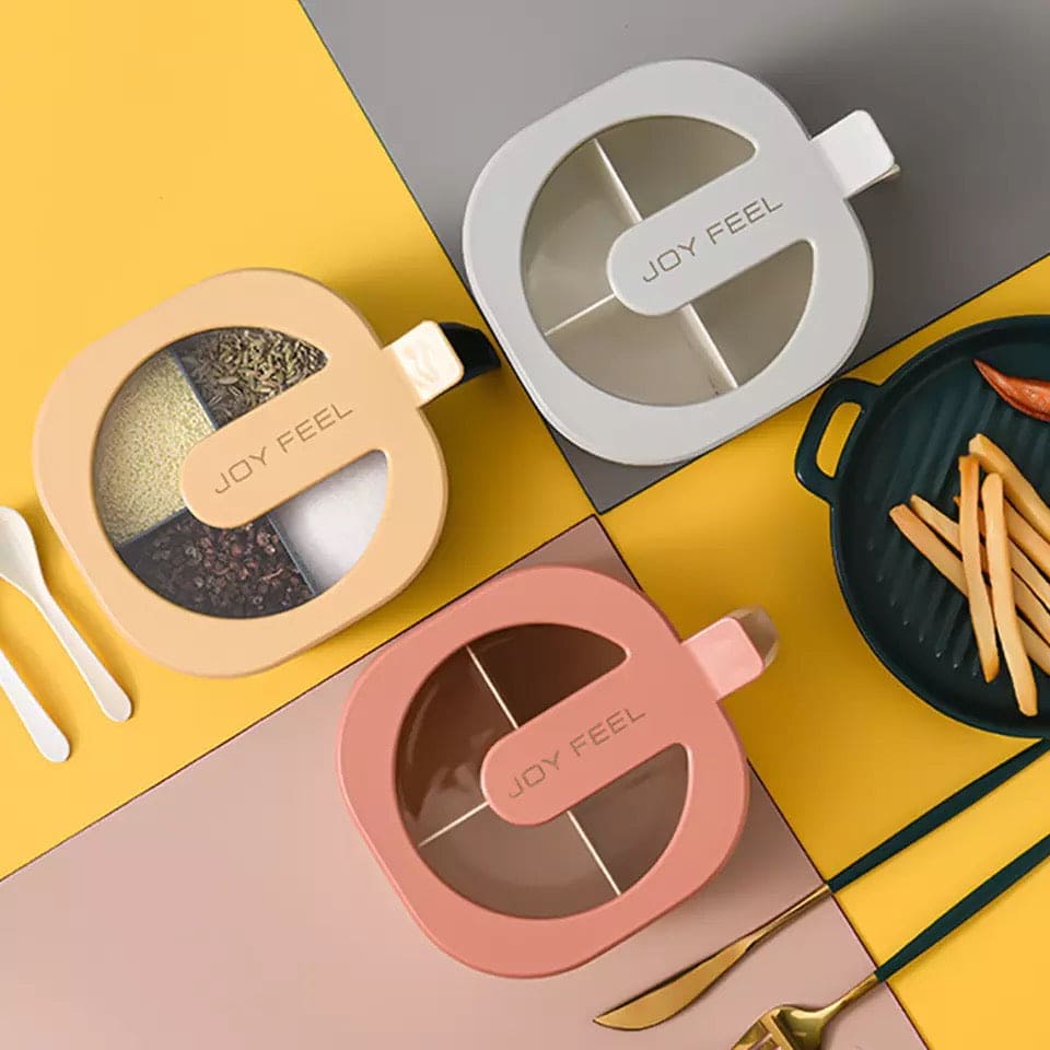 4 in 1 Seasoning Box With Spoon, Clear Cover Multi Compartment Herb Spice Jar, Salt Jar Kitchen Storage Organizer