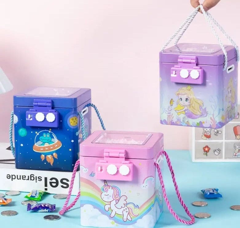 Cute Tinplate Square Piggy Bank, New Unicorn Tinplate Hand Rope Square Password Lock Piggy Bank, Piggy Bank Children Banks Cash Box Lock, Metal Piggy Bank with Password Number Lock, Metal Money Bank for Kids