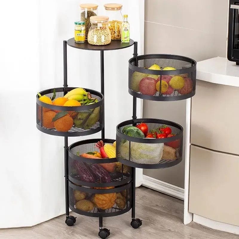 Round Multi Tier Rotary Storage Basket, 360 Degree Rotatable Kitchen Shelf, Multilayer Living Room Basket, Multifunction Fruit And Vegetable Basket, Storage Basket Rack, Floor Stand Multi Tier Drawer Rolling Trolley Cart