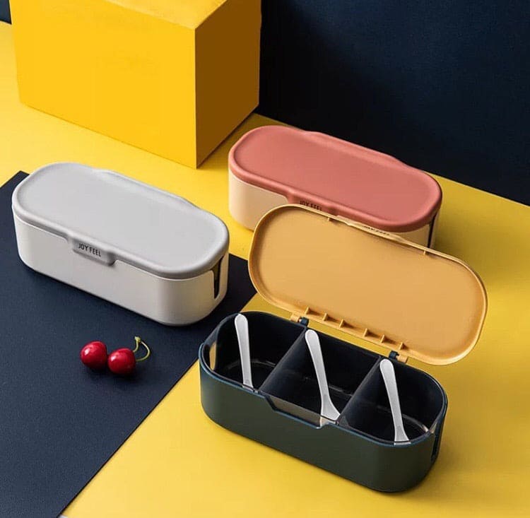 Nordic Style Seasoning Organizer, 3 Compartment Spice Box, Plastic Spice Container With Spoon