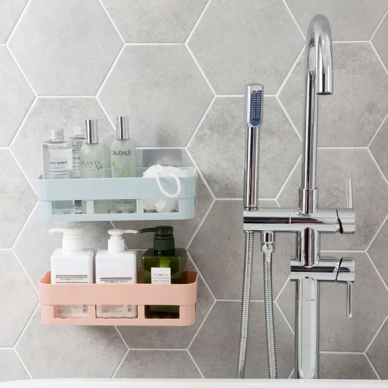 Traceless Paste Bathroom Shelf, Toilet Adhesive Shampoo Gel Storage Basket, Bathroom Corner Shower Shelf Rack, Wall-mounted Storage Rack, Stick-up Wall Sucker Plastic Organizer, Plastic Rack for Kitchen & Bathroom