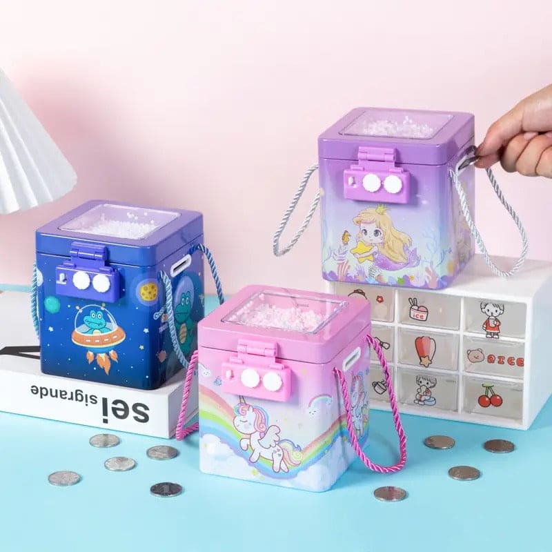 Cute Tinplate Square Piggy Bank, New Unicorn Tinplate Hand Rope Square Password Lock Piggy Bank, Piggy Bank Children Banks Cash Box Lock, Metal Piggy Bank with Password Number Lock, Metal Money Bank for Kids
