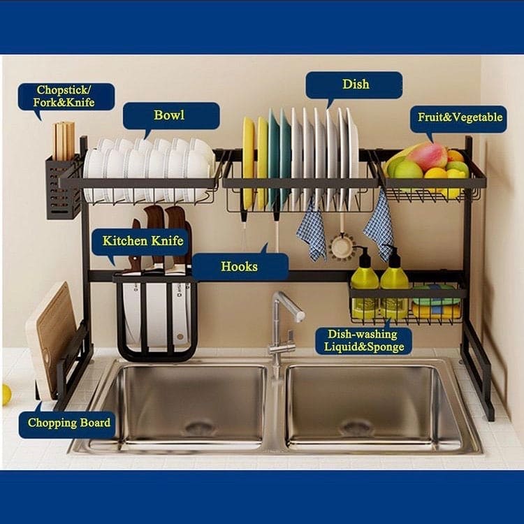 Kitchen Shelf Organizer, Dish Drying Rack, Stainless Steel Sink Drain Rack, Dishes Cutlery Dry Rack, Multifunction Metal Utensils Holder, Sink Storage Sponge Drain Rack, Telescopic Drain Rack, Double Layer Dish Organizer, Over Sink Rack