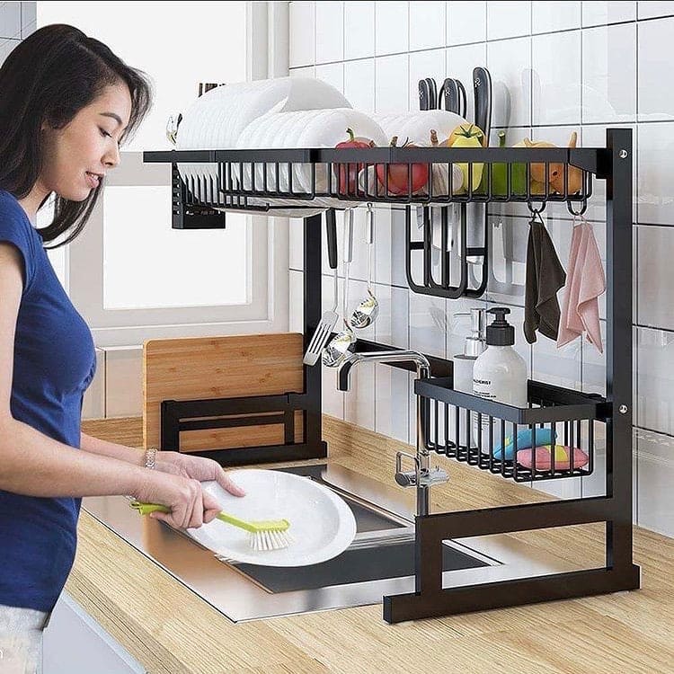 Kitchen Shelf Organizer, Dish Drying Rack, Stainless Steel Sink Drain Rack, Dishes Cutlery Dry Rack, Multifunction Metal Utensils Holder, Sink Storage Sponge Drain Rack, Telescopic Drain Rack, Double Layer Dish Organizer, Over Sink Rack