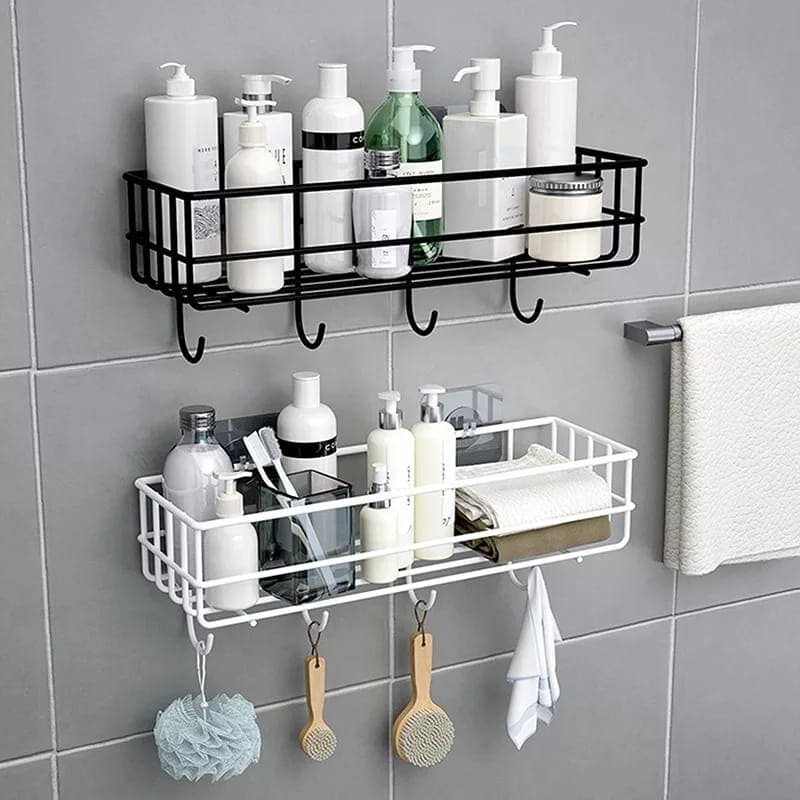 Wall Mounted Bathroom Hanging Shelf, Iron Shampoo Holder, Wall Mounted Floating Rack With Hooks, Bathroom Shower Storage Rack