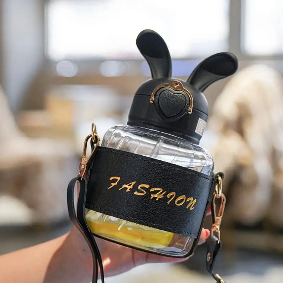 Bunny Ears Water Bottle, Bunny Kettle Straw Water Thermos, Cute Rabbit Shape Straw Bottle with Protector Case, Soft Suction Nozzle Water Cup for Kids, Plastic Water Juice Bottles, Sports Water Bottle with Leak Proof Flip Top Lid