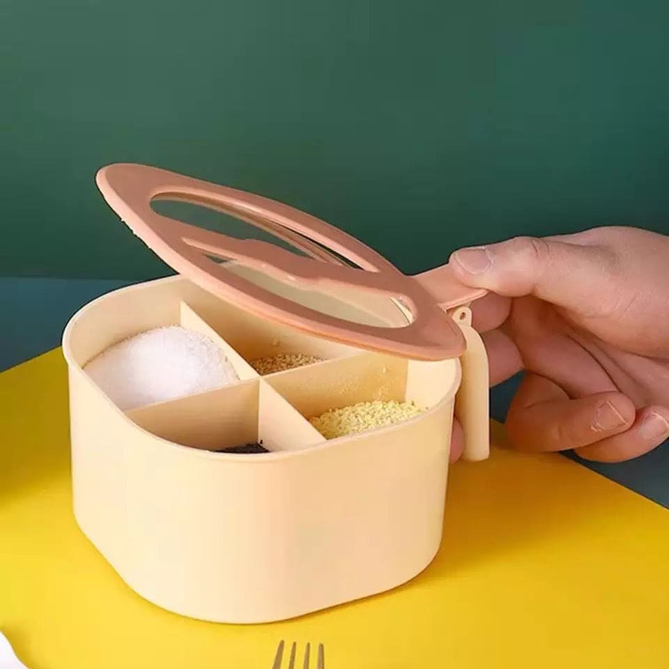 4 in 1 Seasoning Box With Spoon, Clear Cover Multi Compartment Herb Spice Jar, Salt Jar Kitchen Storage Organizer