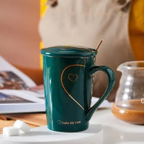 Heart Pattern Ceramic Mug Set, Love Sign Ceramic Couple Mug Set, Love Heart Mug, Couple Cup Ceramic Mugs, Creative Mug With Lid And Spoon, Luxury Marble Ceramic Coffee Cups