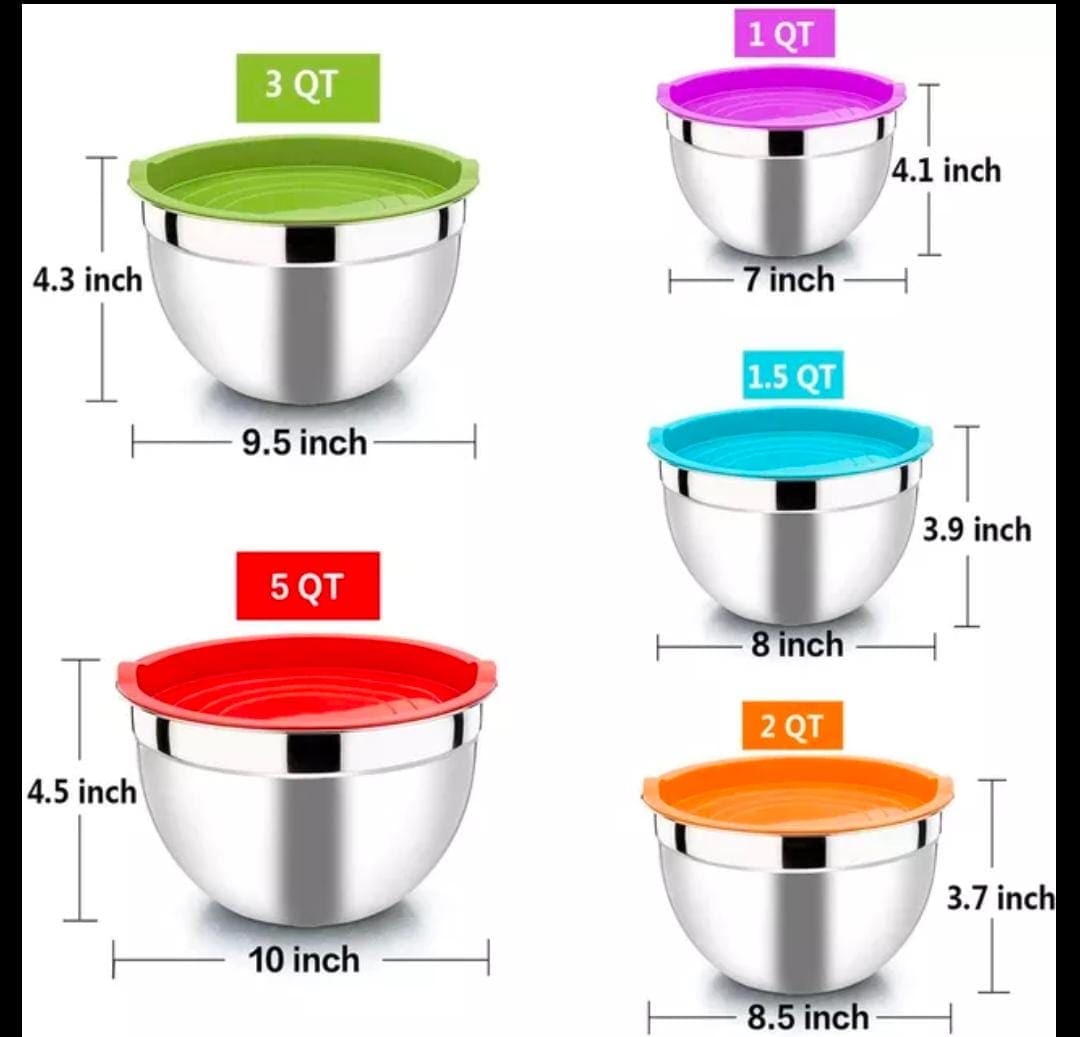 Set Of 5 Stainless Steel Mixing Bowl With Lid, Silicone Mixing Bowl Set, Salad Cooking Mixing Bowl, Stainless Steel Pots, Multifunctional Sealed Fresh Bowl Household, Kitchen Cooking Bowl