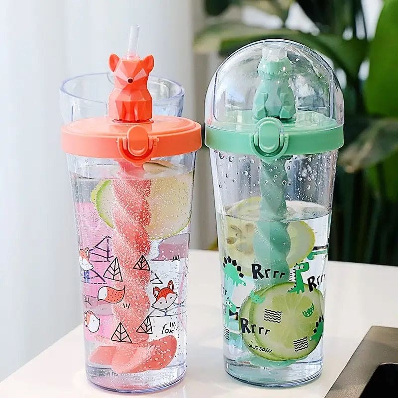 Cute Cartoon Mixing Cup, Creative Student Children Straw Cup, Plastic Straw Water Bottle, Cartoon Stirring Water Bottles, 500ml Infuser Kids Water Bottle, Portable Large Capacity Student Drink Mixing Cup