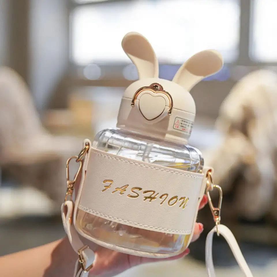 Bunny Ears Water Bottle, Bunny Kettle Straw Water Thermos, Cute Rabbit Shape Straw Bottle with Protector Case, Soft Suction Nozzle Water Cup for Kids, Plastic Water Juice Bottles, Sports Water Bottle with Leak Proof Flip Top Lid