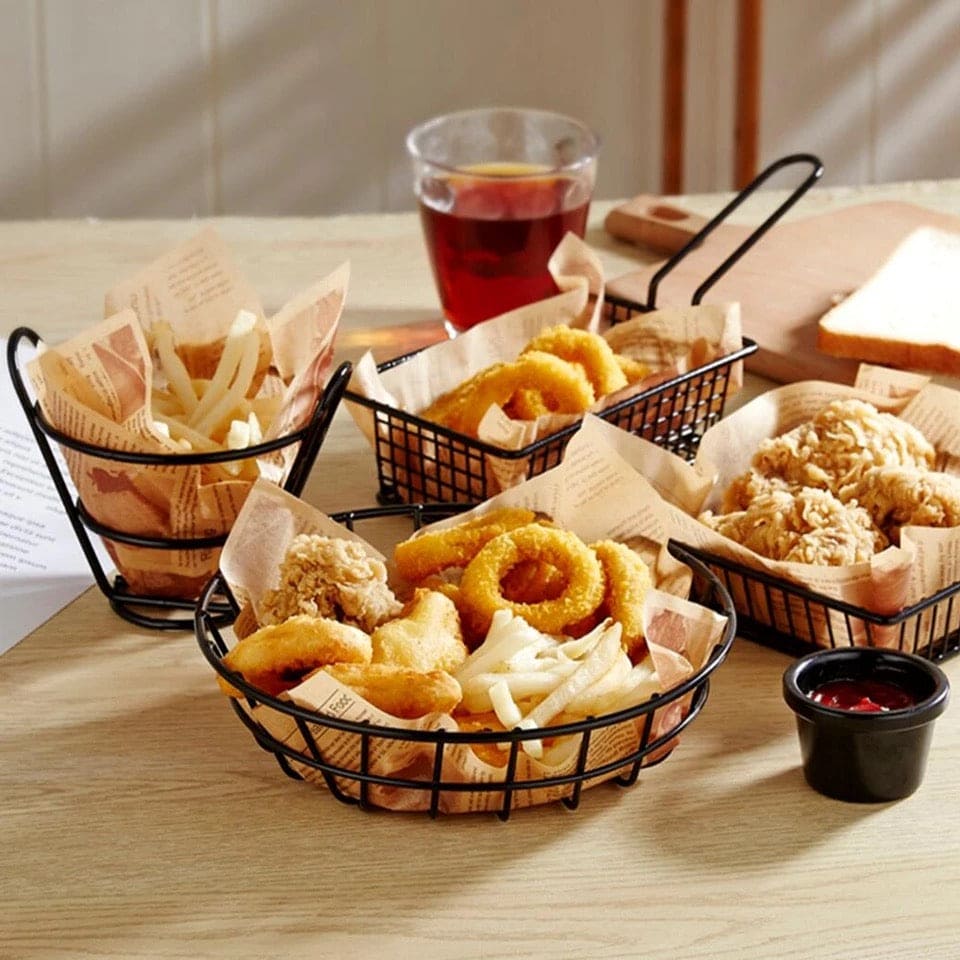 Mini Grill French Fries Basket, Snack Potato Chips Barrel Container, Convenient Snack Basket, Multifunction Stainless Steel Basket, Portable Frying Basket Strainer Colander Basket, Iron Convenient Bucket Basket