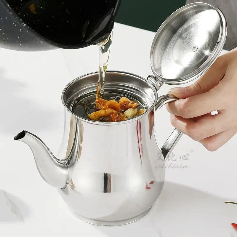 Stainless Steel Kettle Oil Filter Pot, Oil Skimmer Jug, Oil Filter Kettle, Portable Oil Strainer Pot, Cooking Oil Tank With Filter, Oil Dispenser Pot With Removable Filter, Storage Can For Kitchen